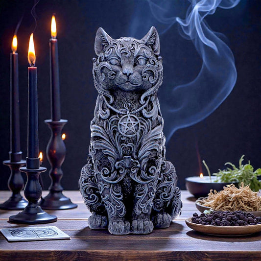 Black Cat Figurine Gothic Witchcraft Ornament Wiccan Pentagram Statue Decor