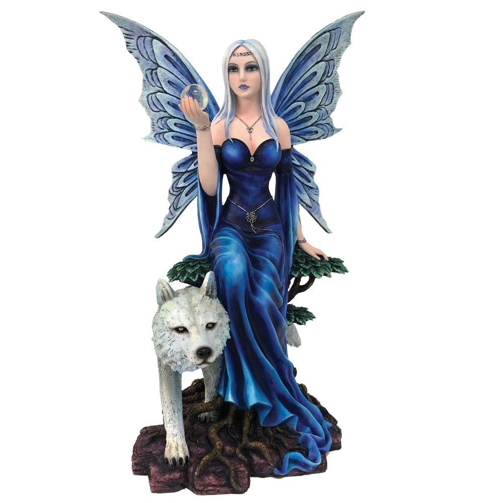 Large Blue Fairy and Wolf Figurine Fantasy Statue Collectable Gothic Ornament 49 cm