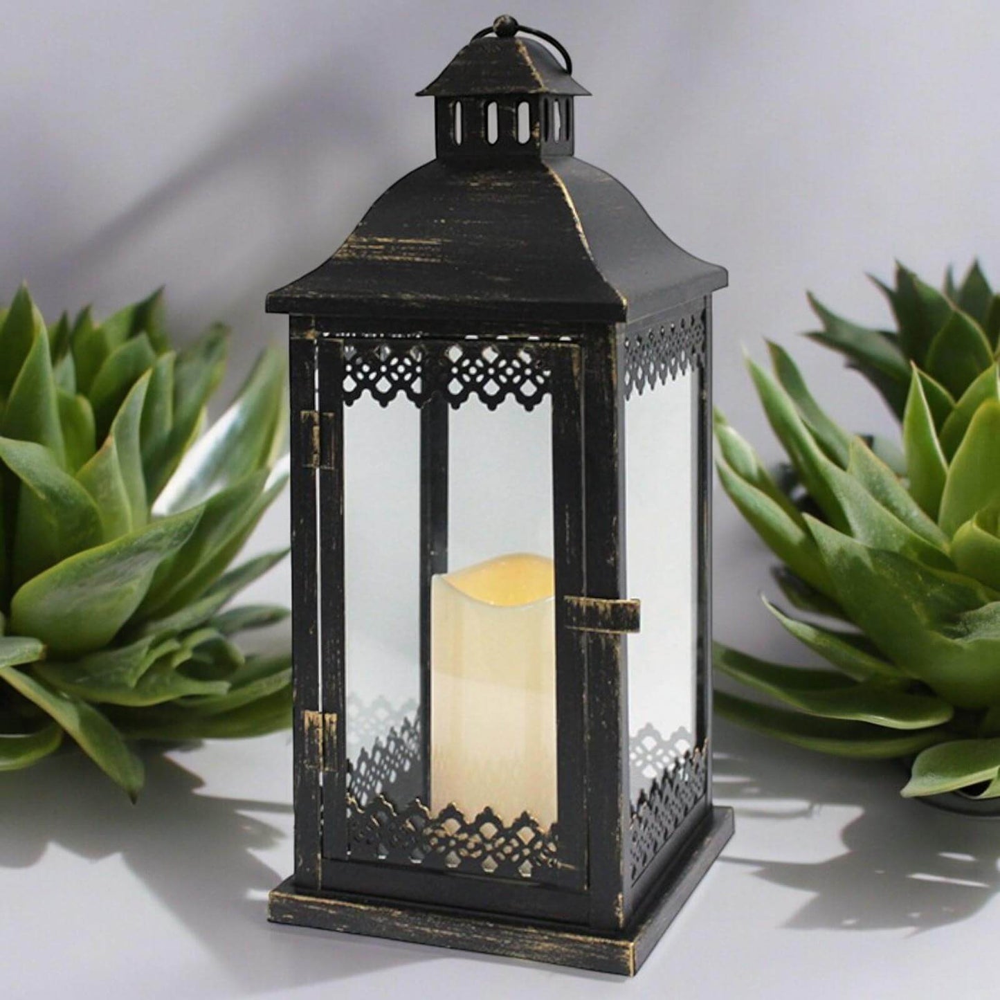 Elegant Metal and Glass Outdoor Lantern with Fixed LED Candle and Timer - 40 CM - Batteries Included-Osiris Craftworks