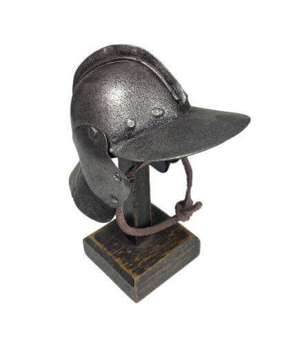 Miniature Knight Helmet on Wooden Stand | Metal Armor Decor 11 cm