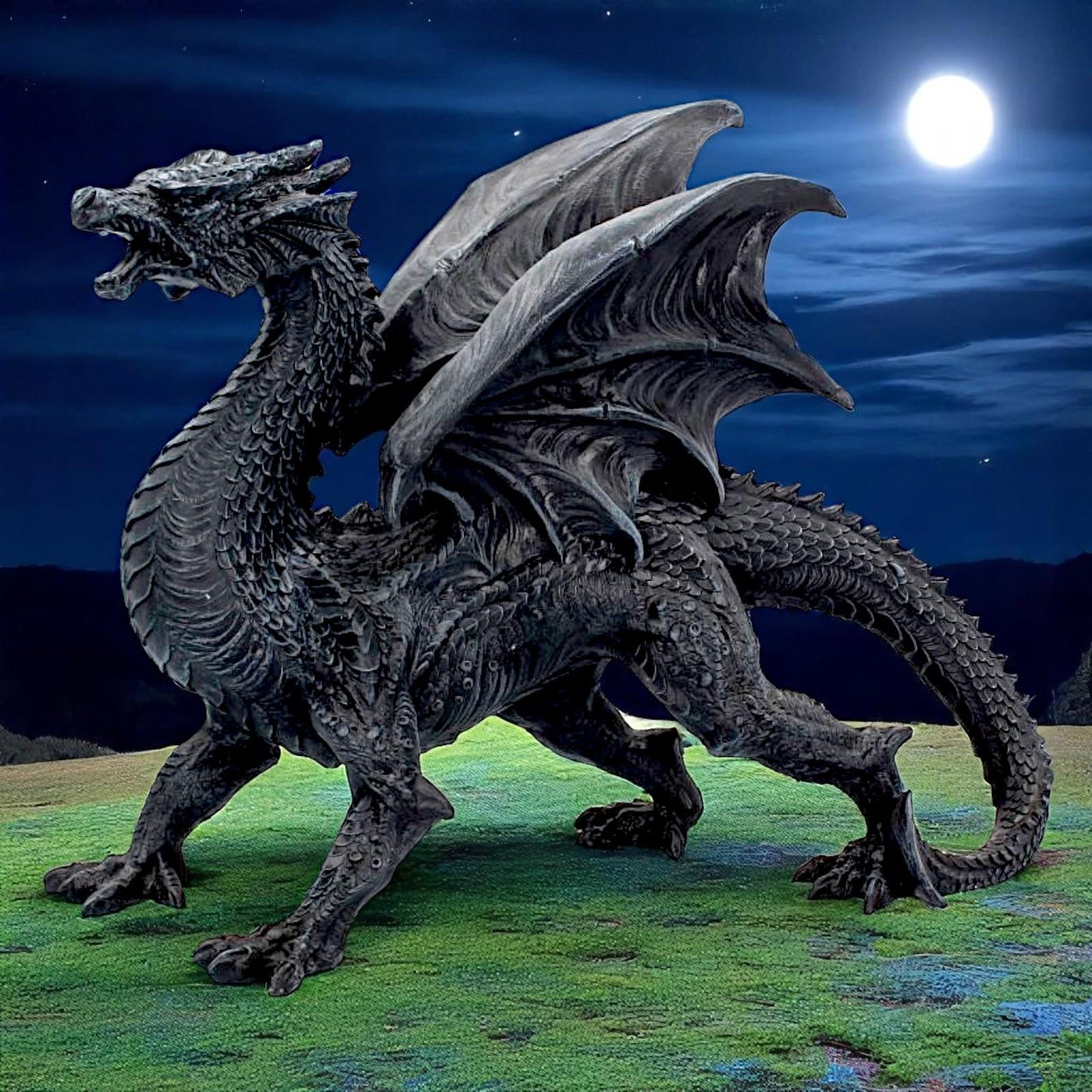 Dragon Watcher Obsidian Statue Dark Fantasy Decor Gothic Collectible Figurine Art