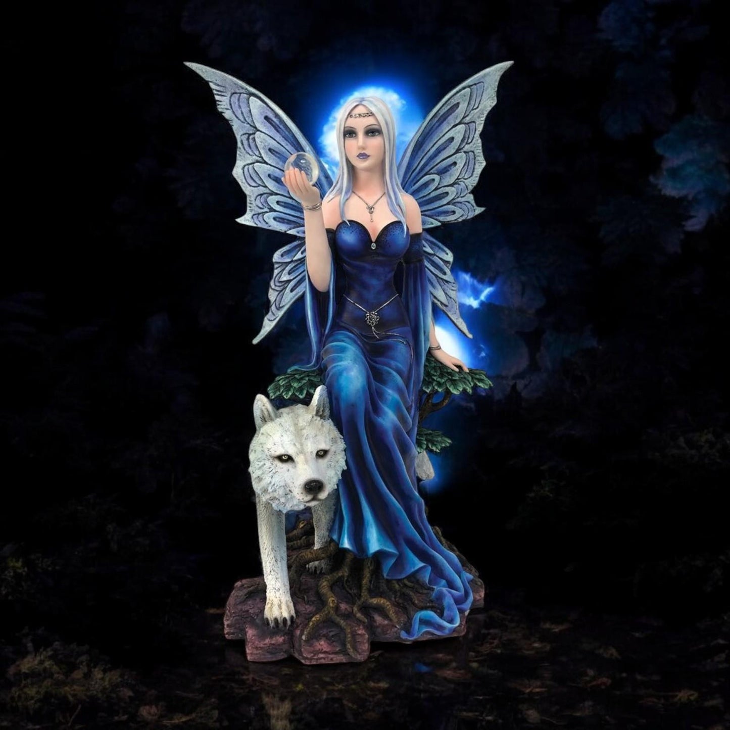 Large Blue Fairy and Wolf Figurine Fantasy Statue Collectable Gothic Ornament 49 cm