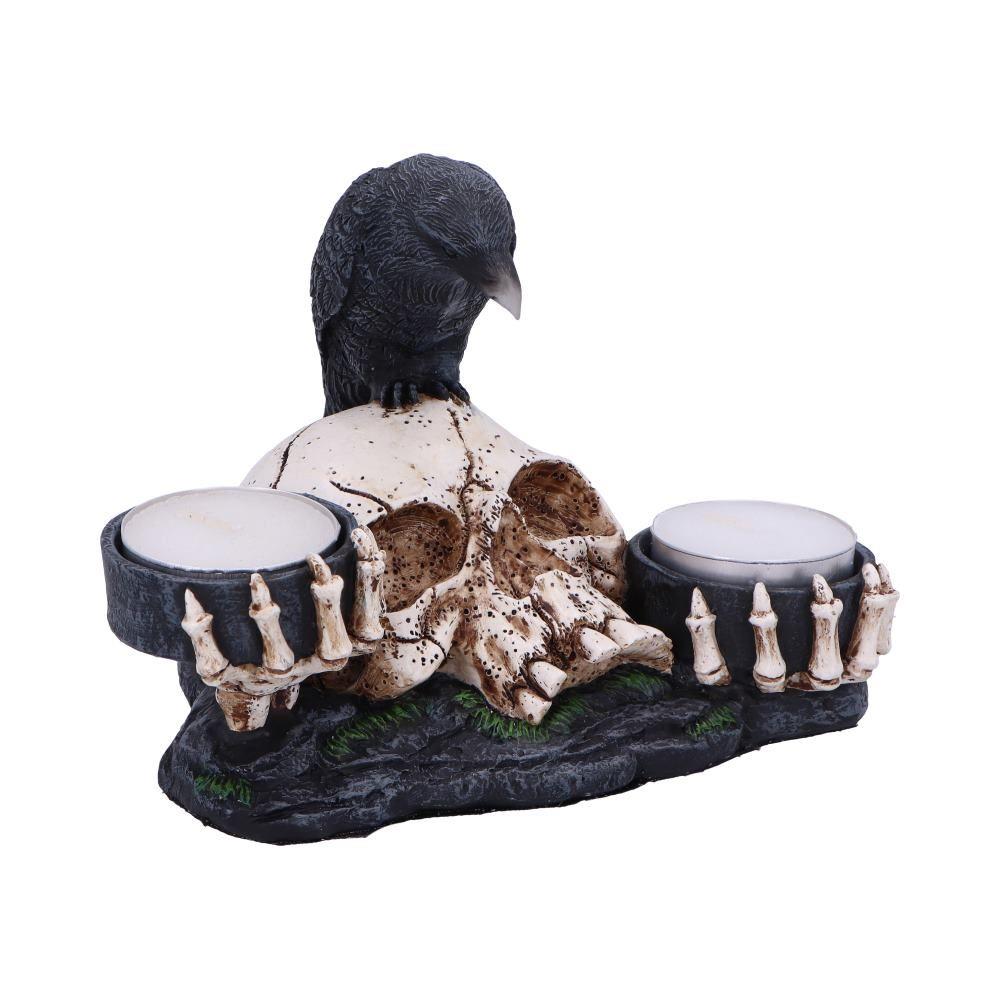 Skull and Raven Candle Holder Gothic Resin Figurine Dark Fantasy Decor 15cm