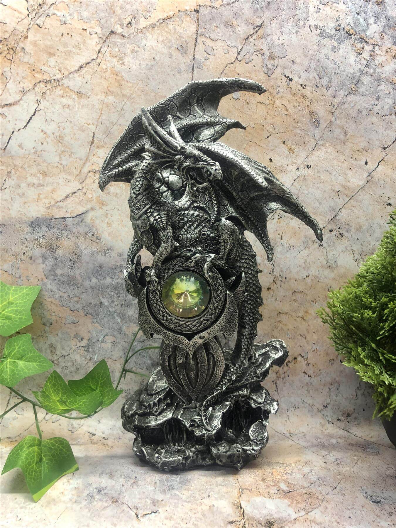 Majestic Dragon Jewel Guardian Statue, Silver Resin Sculpture, Handcrafted Fantasy Art Figurine, Mythical Beast Ornament Magical Realm Decor