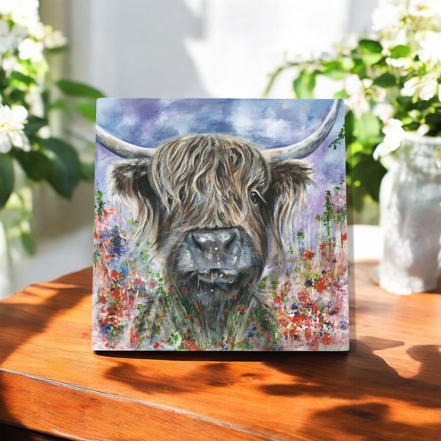 TEDDY HIGHLAND COW Ceramic Art Tile by Pankhurst Gallery 20X20 cm - Ready to Hang - Beautiful Gift