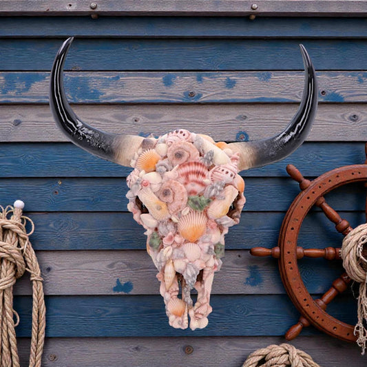 Seashell Bison Skull Ornament Coastal Gothic Decor Ocean Inspired Sculpture Art