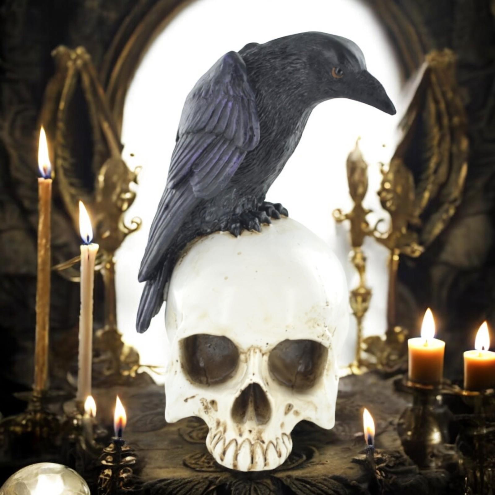 Resin Crow on Skull Figurine | Gothic & Occult Decor