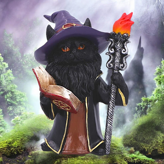 Black Wizard Cat Figurine Mystic Witchcraft Statue Fantasy Gothic Spellcaster Ornament