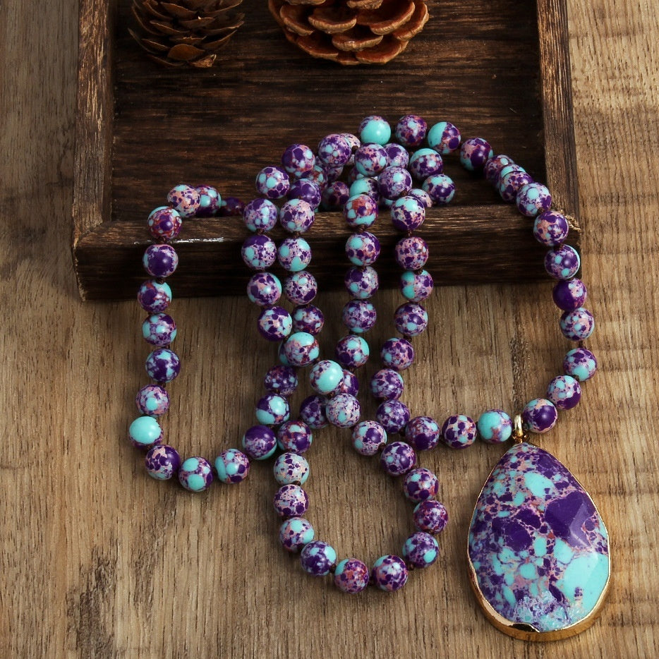 Bohemian Style 8mm Beaded Necklace Cut King Stone Water Drop