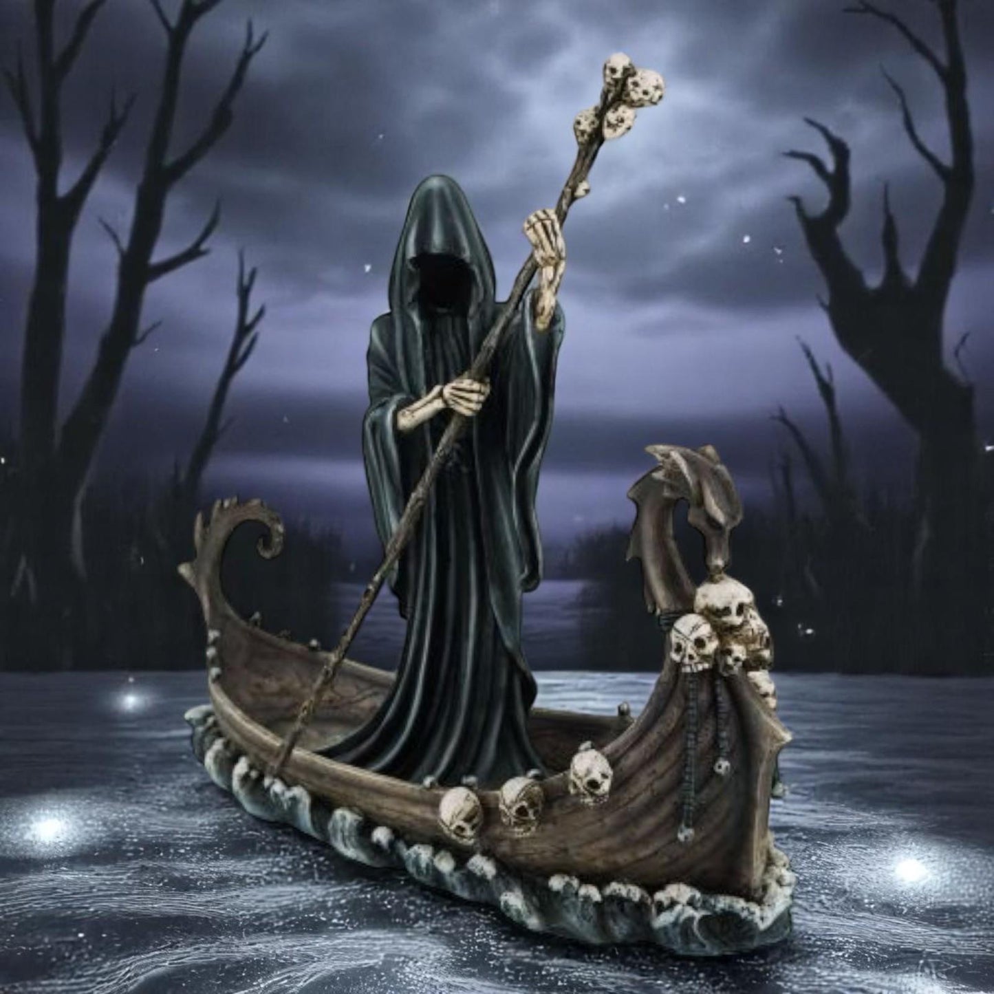 Reaper Ferryman Resin Statue Dark Fantasy Figurine Skull Decor Gothic Home Ornament