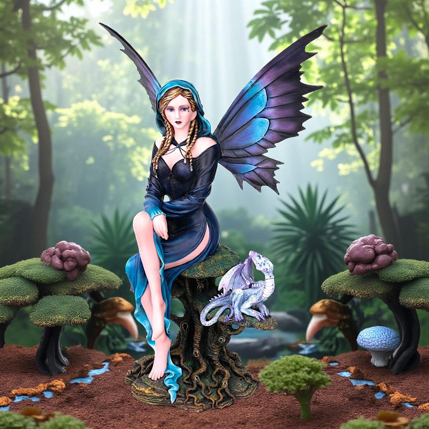 Fantasy Fairy Companion with Dragon Figurine Magical Mythical Gothic Sculpture