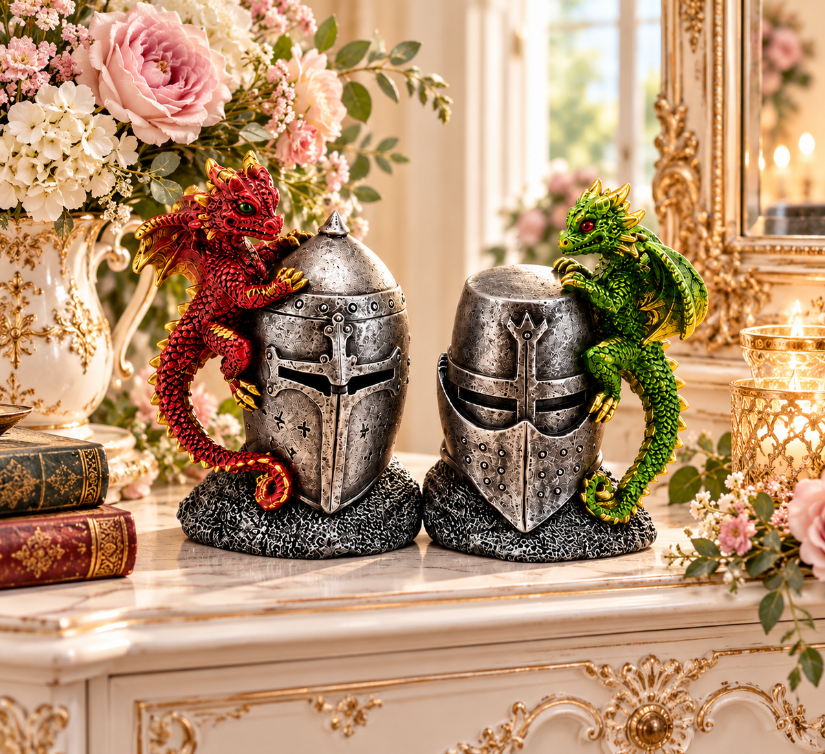 Dragon Knight Helmet Figurines Medieval Armour Fantasy Gothic Ornaments Decor