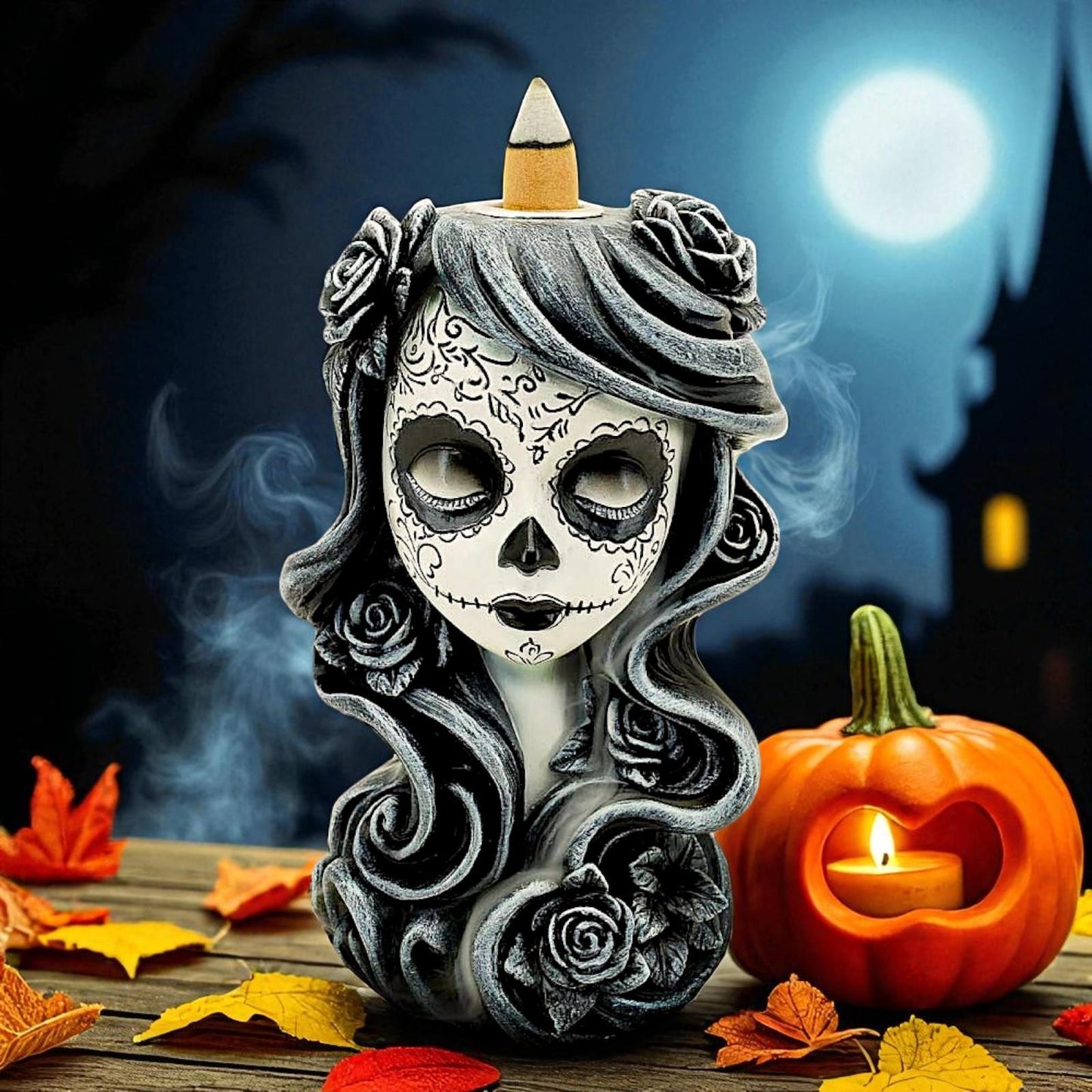 Gothic Backflow Incense Burner Day of the Dead Lady Skull Holder Halloween Art