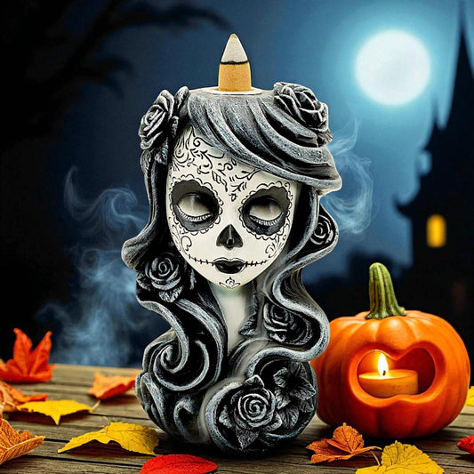 Gothic Backflow Incense Burner Day of the Dead Lady Skull Holder Halloween Art