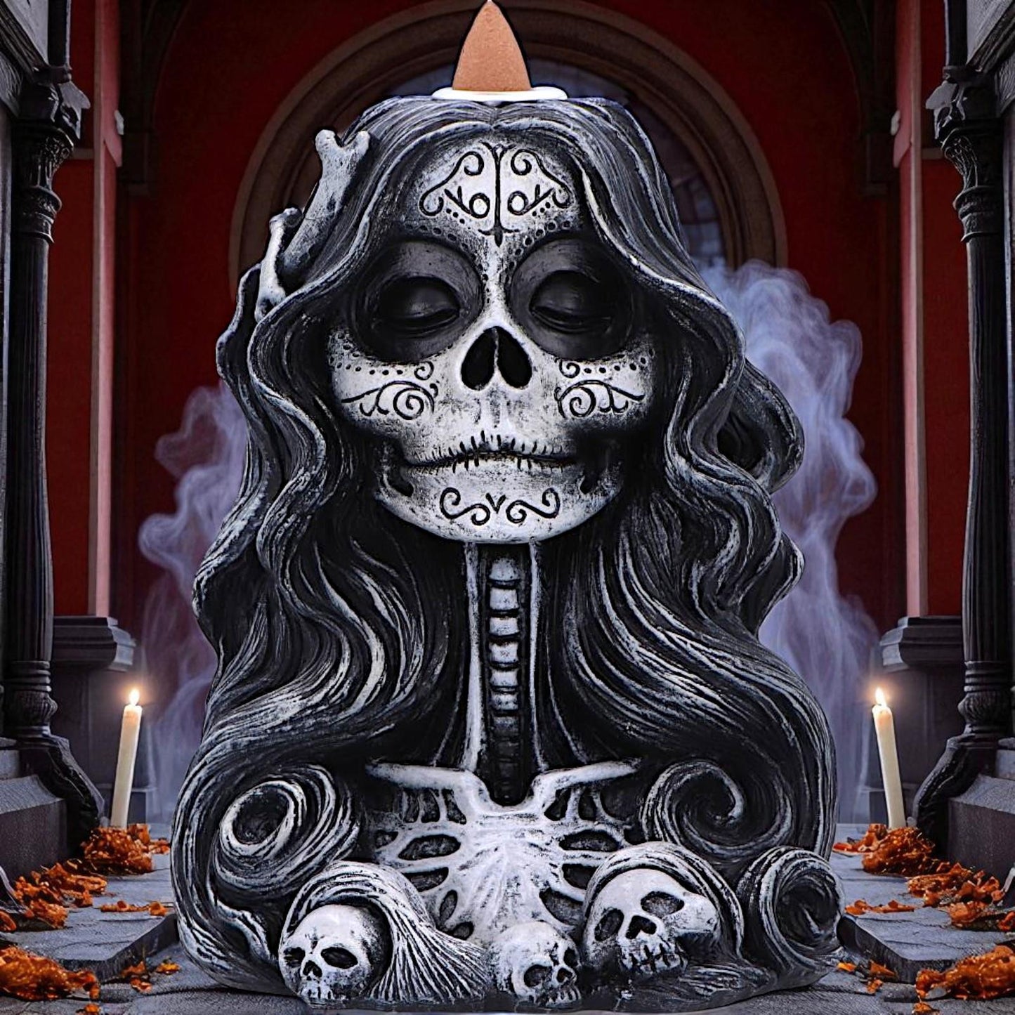 Gothic Skull Backflow Incense Burner Day of the Dead Cone Holder Halloween