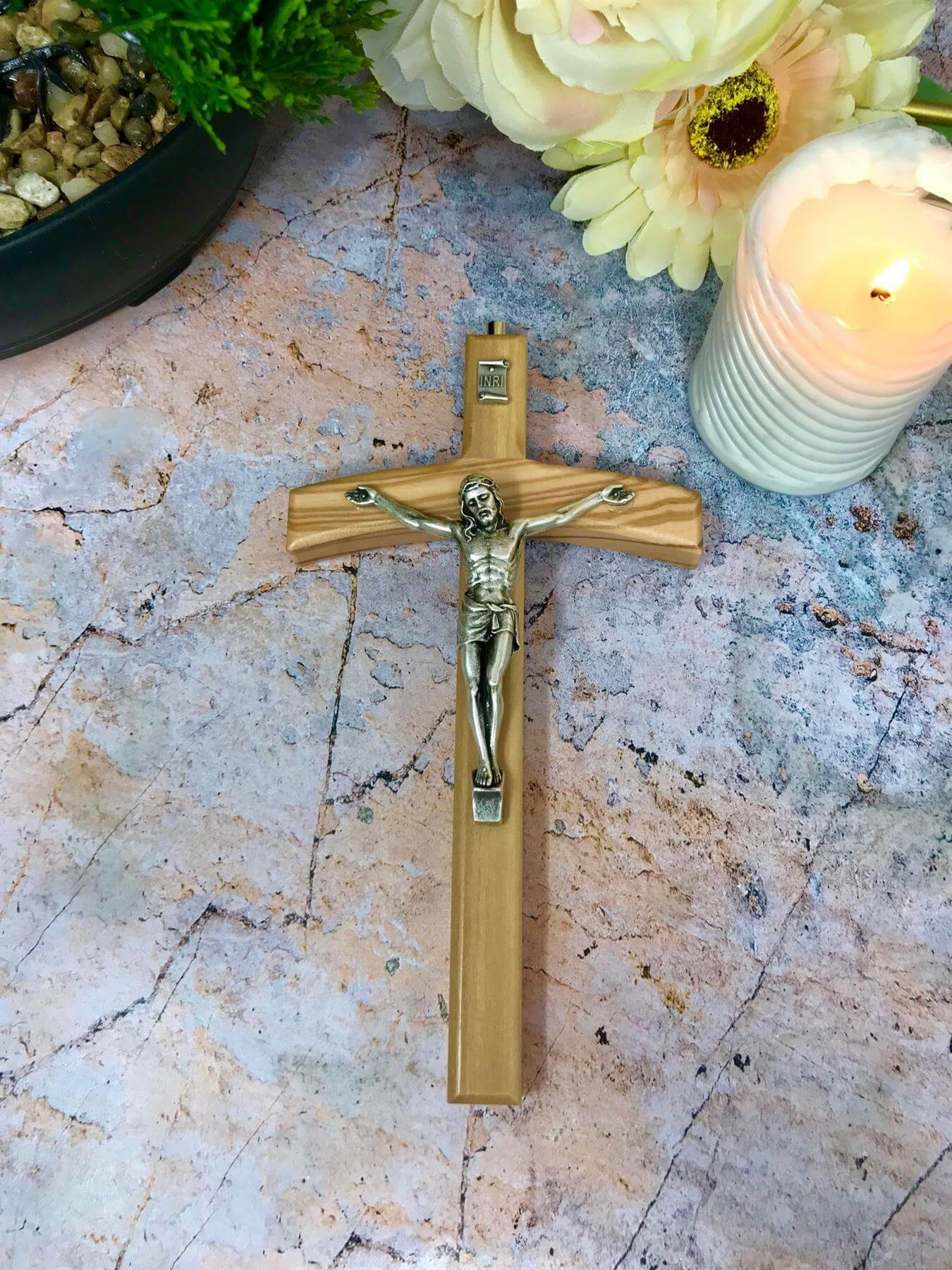 Olive Wood Crucifix Hanging Wall Cross Silver Metal Corpus Christi Jesus Christ Religious 15 cm-Osiris Craftworks