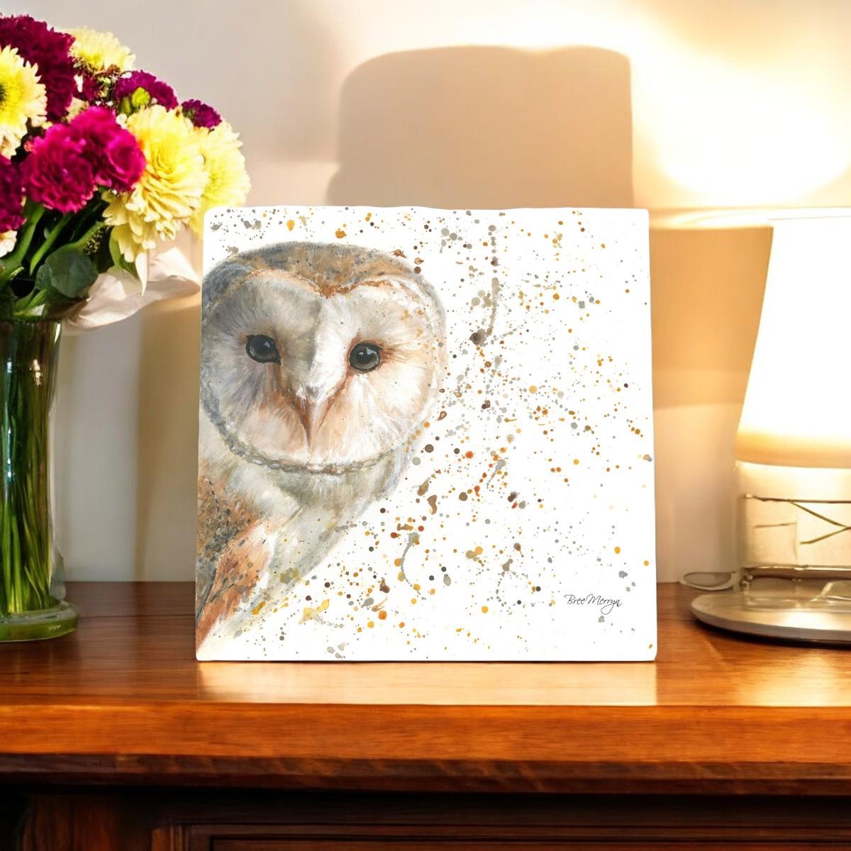 OLIVE OWL Ceramic Art Tile by Bree Merryn 20x20cm - Ready to Hang Wall Art with Gift Box