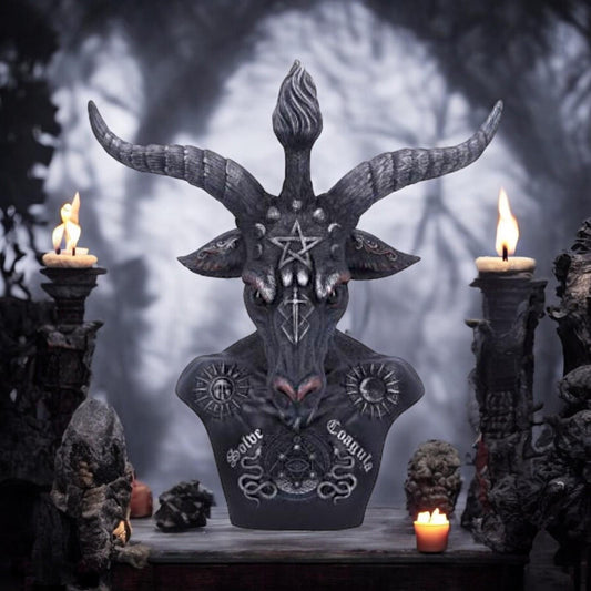 Celestial Black and Silver Baphomet Bust 33cm - Gothic Decor with Pentagram Details