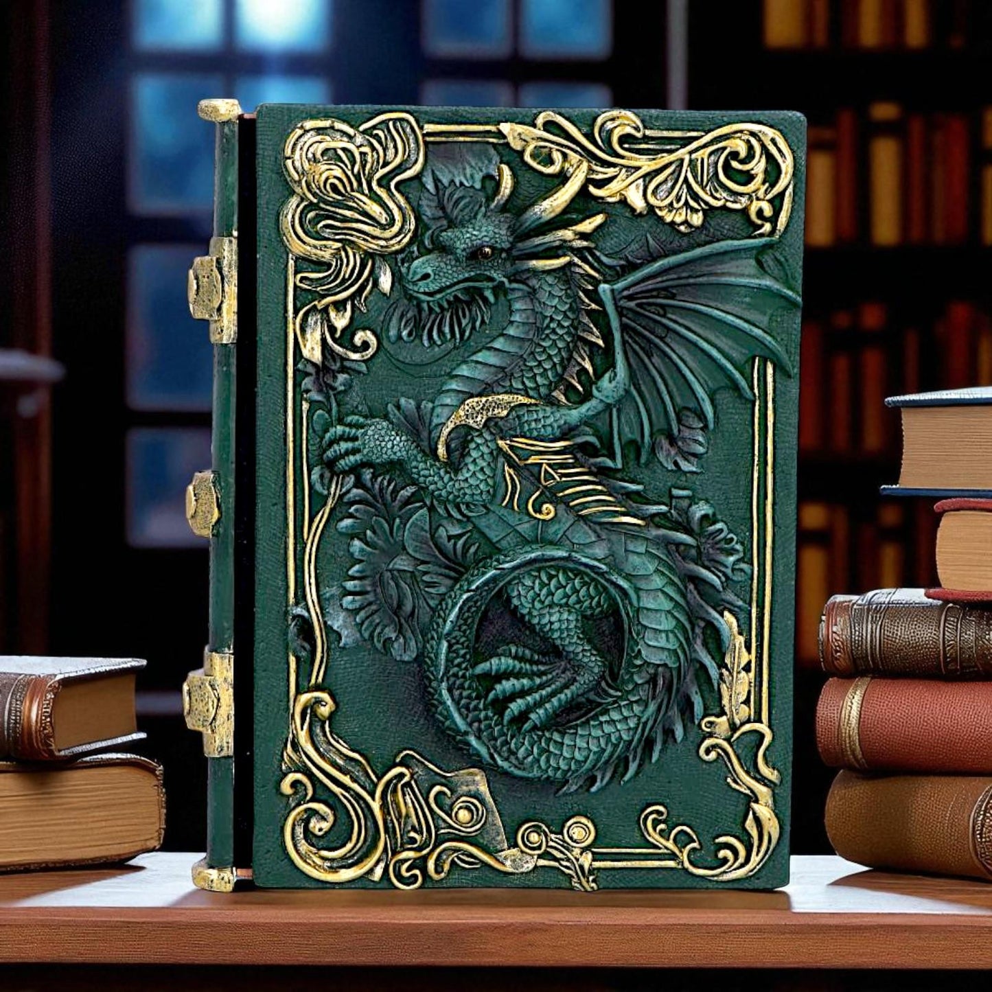 Fantasy Dragon Grimoire Gothic Spell Book Journal with Green Sculpted Cover