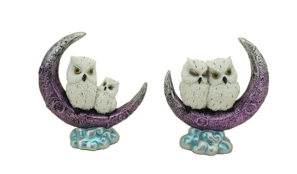 Set of 2 Snowy Owl on Moon Figurines - Fantasy Decor - Resin Art Sculpture