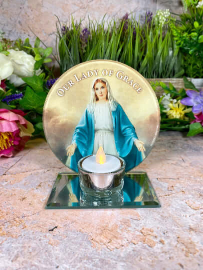 Sacred Our Lady of Grace Glass Candle Holder, Religious Votive Stand, Spiritual Table Decor, Christian Prayer Altar, Blessed Virgin Mary