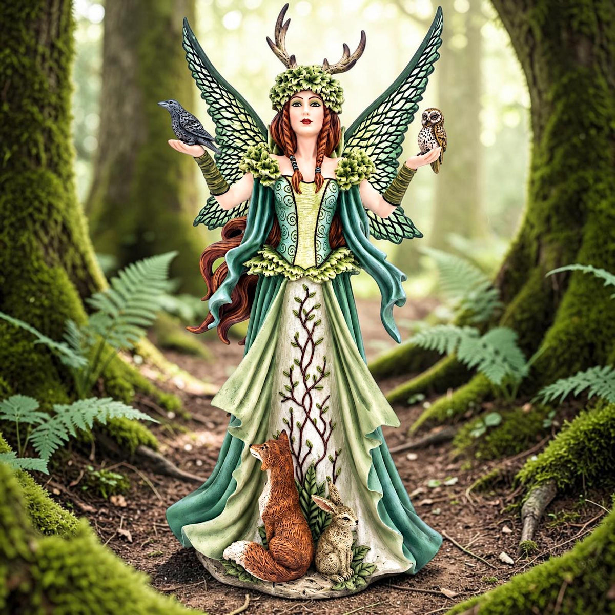 Enchanted Forest Guardian Fairy Statue Woodland Animals Fantasy Figurine 46cm