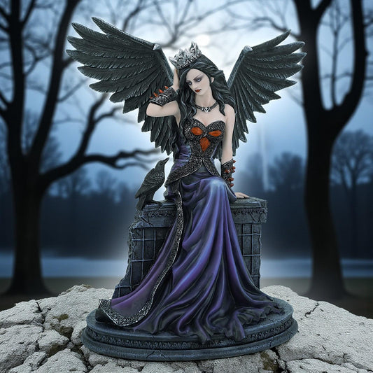 Gothic Dark Angel Figurine with Crown Raven Resin Statue Fantasy Ornament 31cm