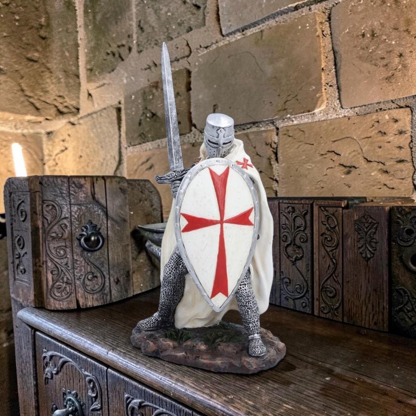 White Templar Knight Statue Figurine Ornament Medieval Crusader Sword Shield