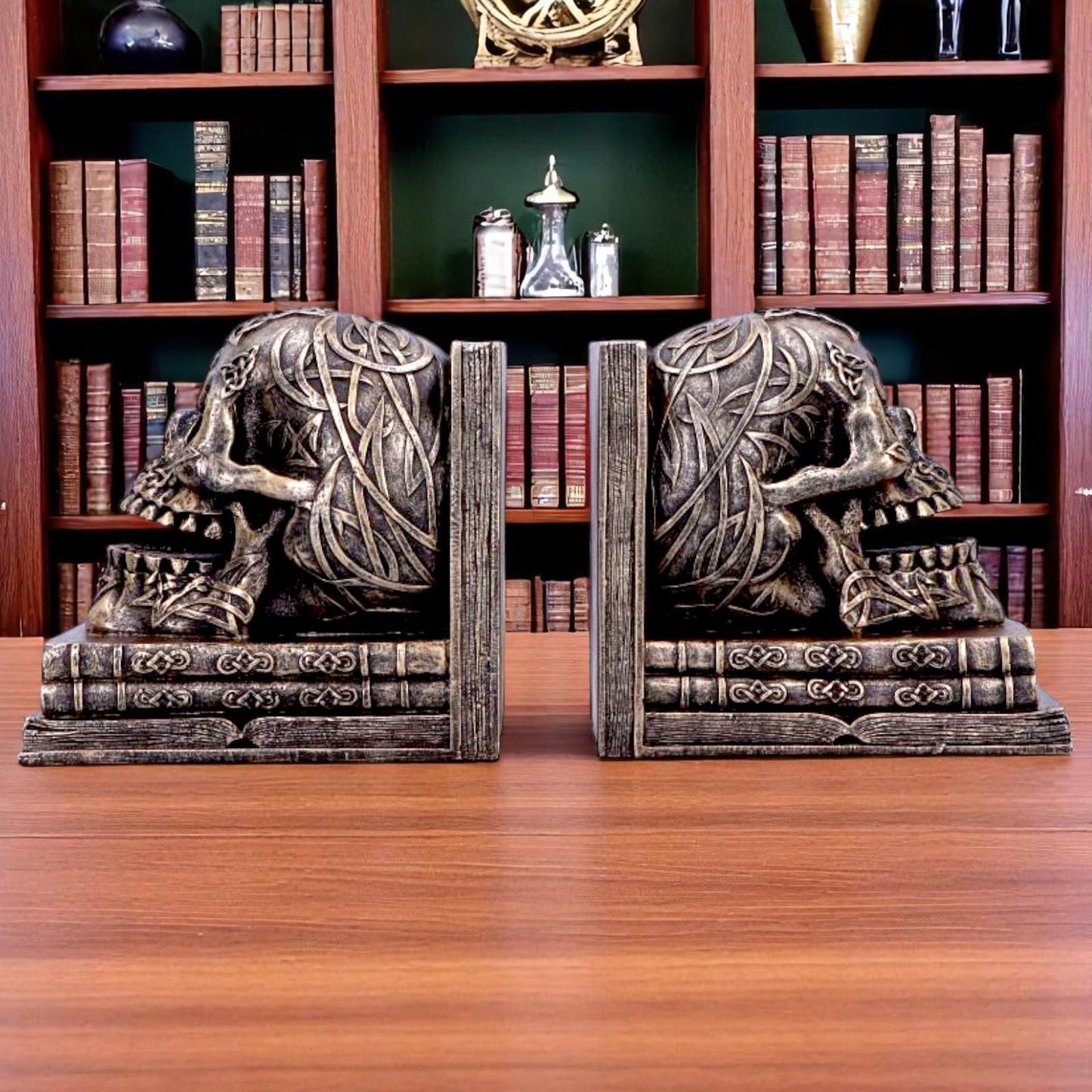 Celtic Skull Bookends Bronze Finish Decorative Shelf Decor Gothic Horror Ornaments