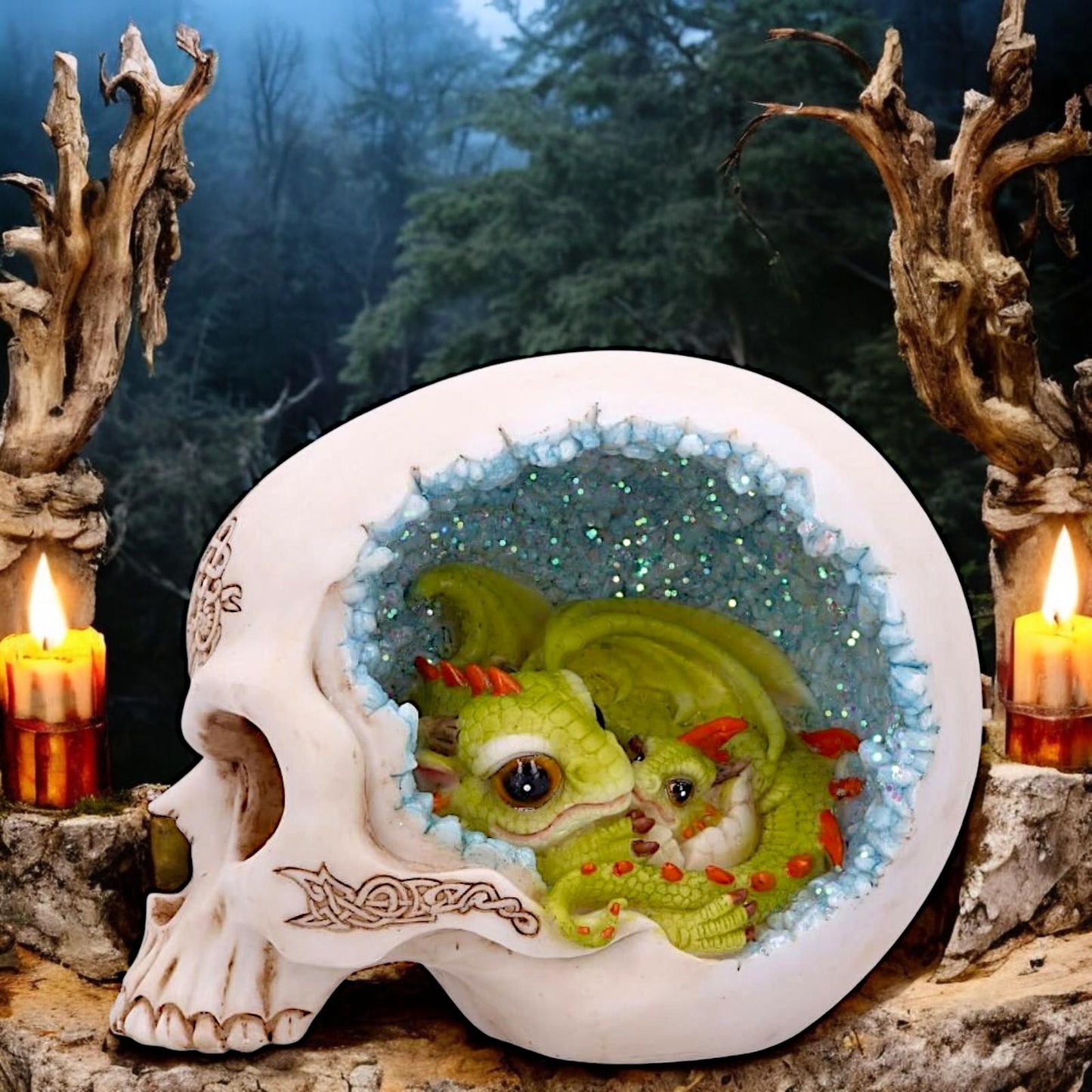 Dragon Resting in Skull Figurine 15cm - Crystal Cave Mother & Baby Dragon Ornament - Gothic Fantasy Decor