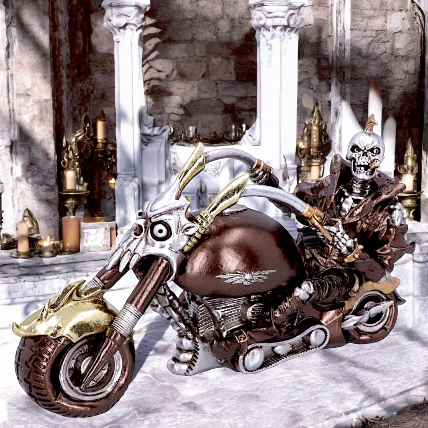 Steampunk Skeleton Motorbike Figurine Gothic Rider Statue Fantasy Horror Ornament