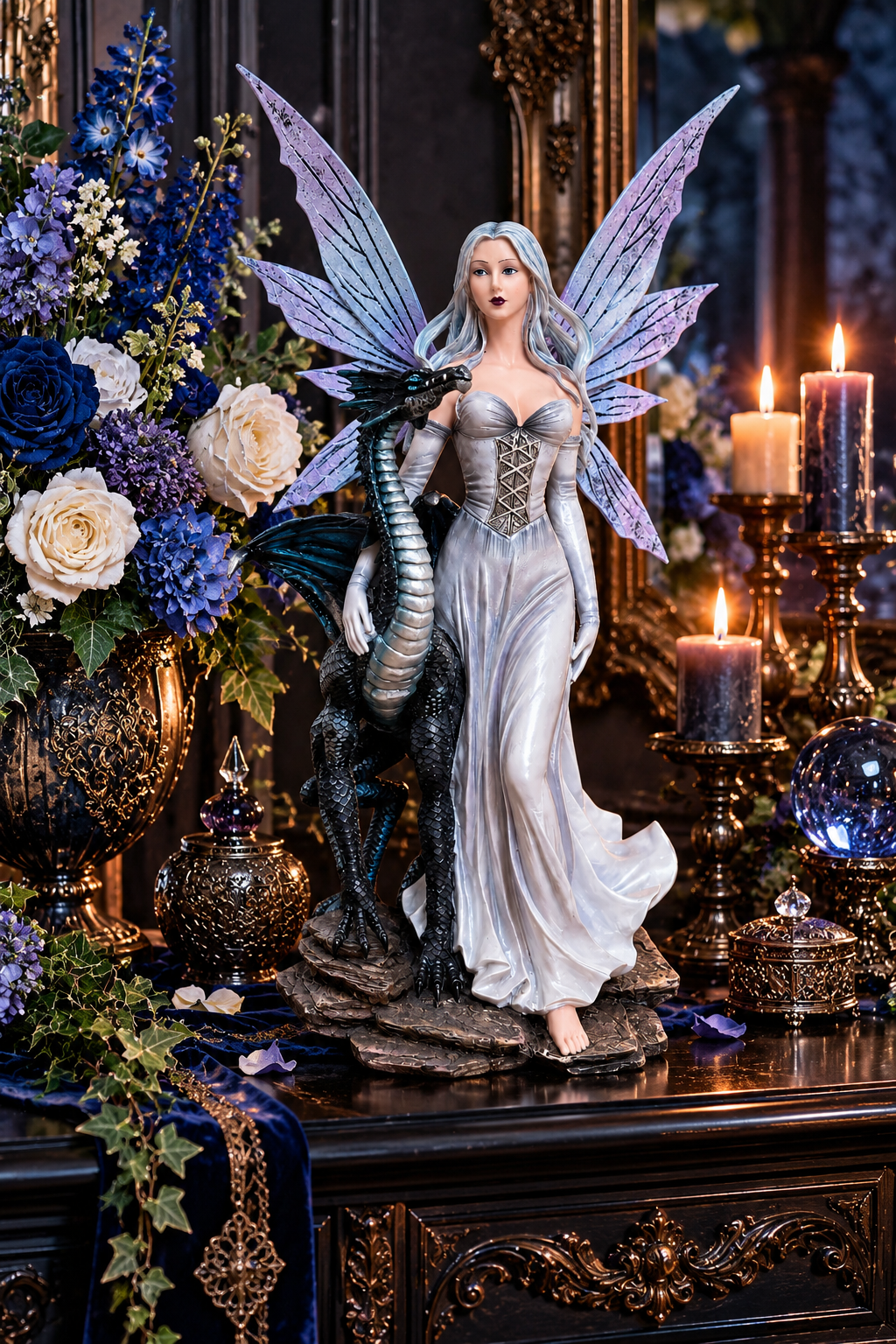Silver Fairy with Black Dragon Figurine 46.5cm Gothic Fantasy Statue Ornament