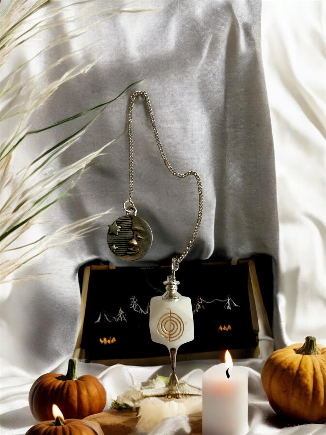 White Agate Reiki Pendulum with Cho Ku Rei Symbol & Moon Charm | Dowsing Divination Tool