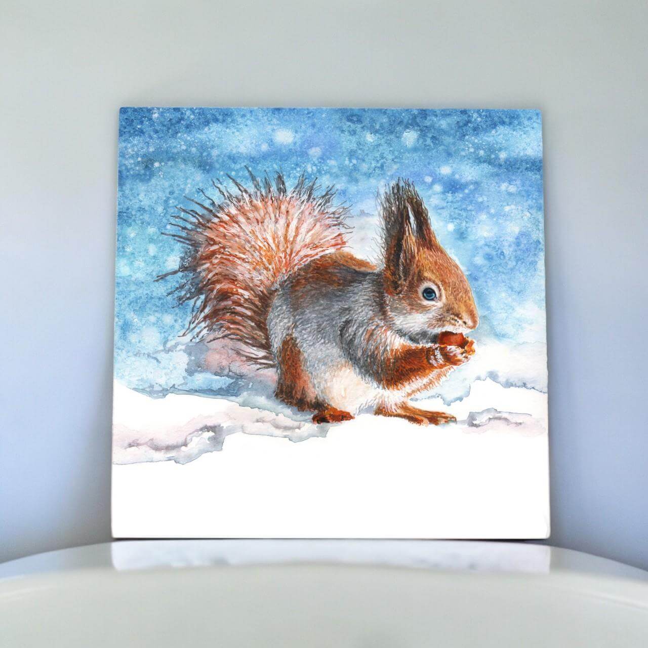 Enchanting Winter Squirrel Ceramic Picture Tile S. Jones Art 200 x 200 mm Wall Decor Adorable Squirrel Artwork Nature Lover Gift Winter Wonderland Tile