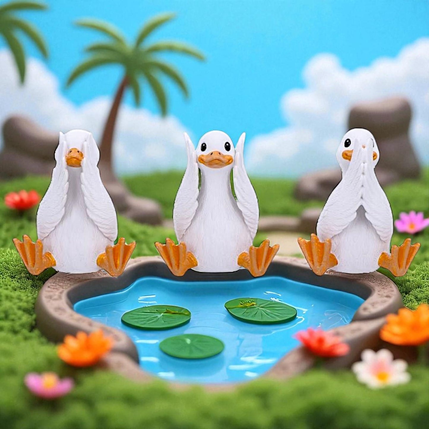 3 Wise Goofy Geese Figurines See No Hear No Speak No Evil Funny Animal Decor