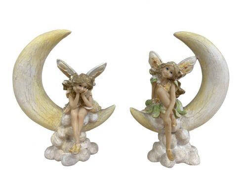 Fairies Sitting on Crescent Moon Figurines | 18cm Resin Fantasy Decor Set