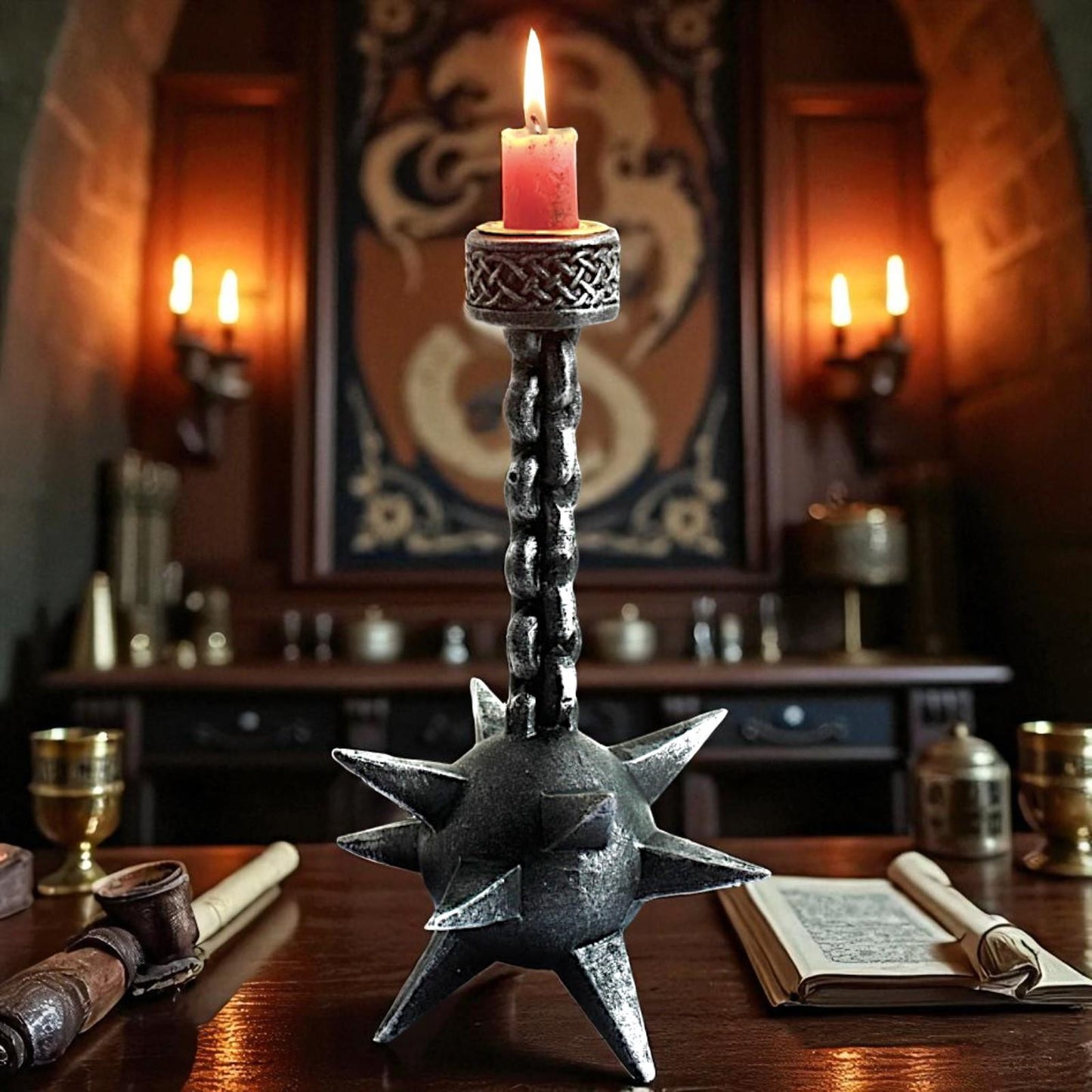 Gothic Horror Candle Holder Meteor Mace Fantasy Medieval Halloween Ornament