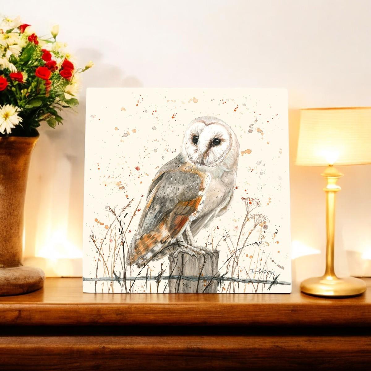 OSWALD Barn Owl Art Tile by Bree Merryn - Ceramic Wall Decor 20x20 cm Ready to Hang - Perfect Gift