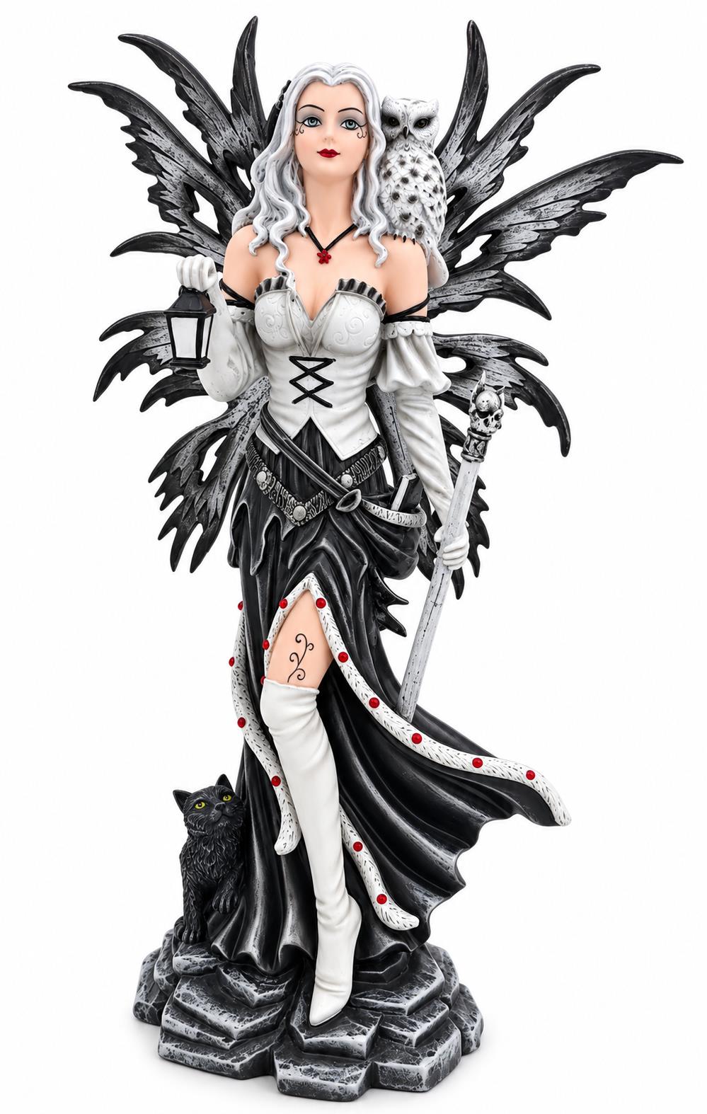 Gothic Winter Fairy Figurine Owl Black Cat Lantern Fantasy Statue Resin 31cm