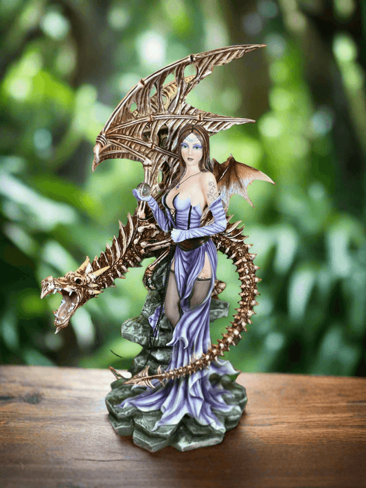 Enchanting Dark Fairy with Dragon Skeleton: Captivating 65 cm Large Statue Mythical Gothic Sculpture