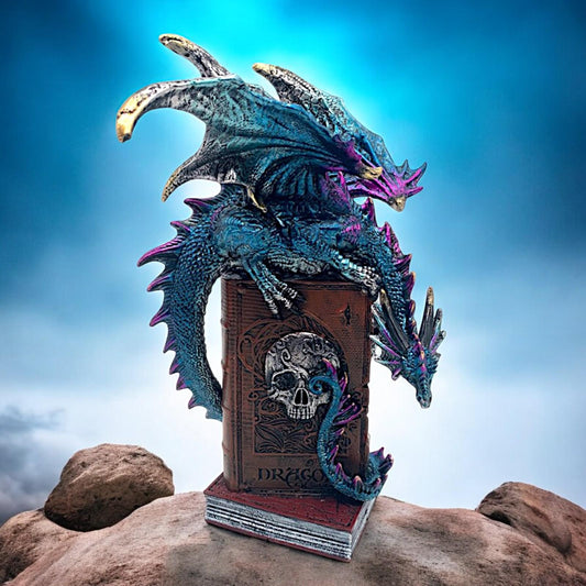 Blue Alchemy Dragon Figurine - Skull Book Sculpture Gothic Fantasy Ornament