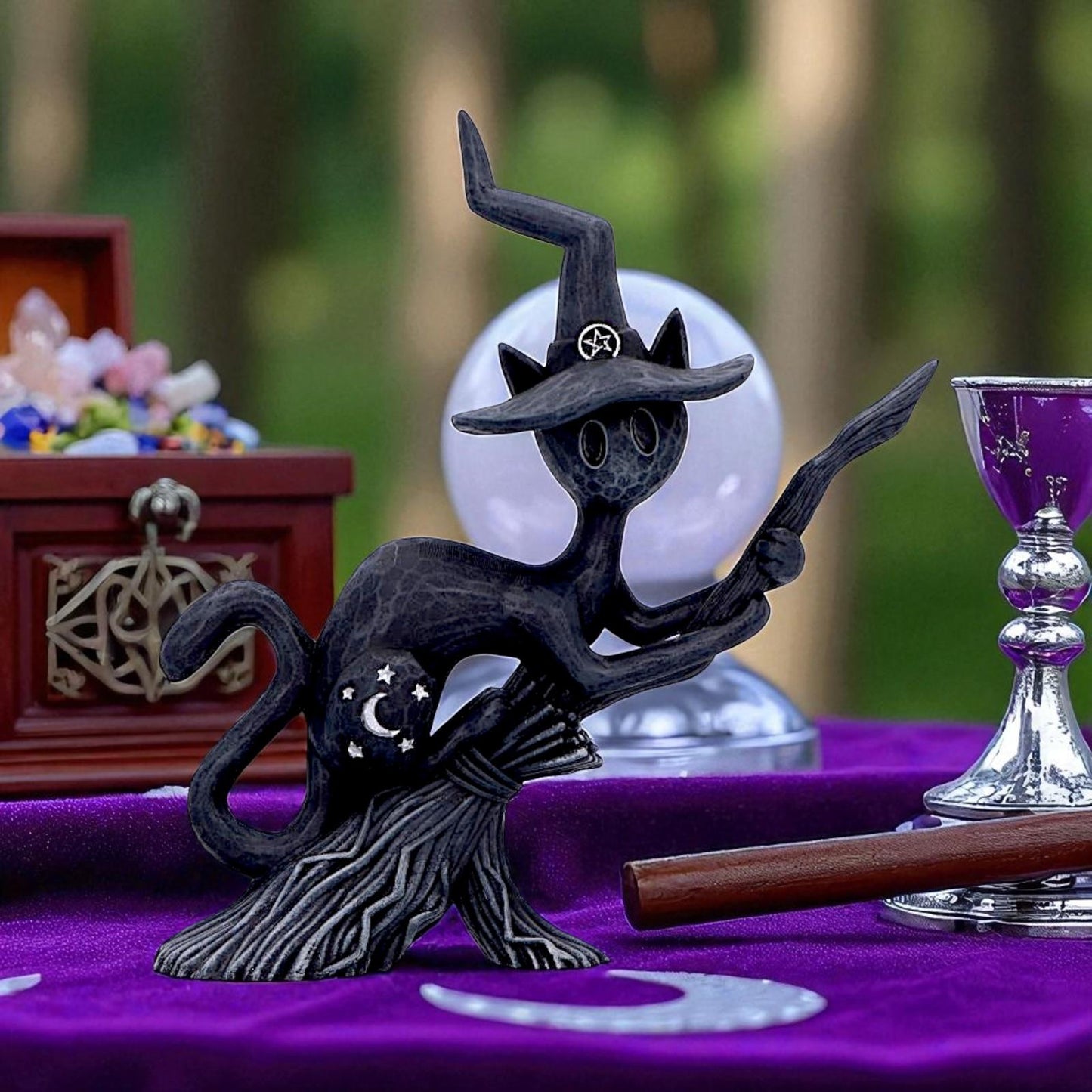 Bewitch Spell Cat Figurine Flying Wiccan kitty Broomstick Fantasy Halloween Altar