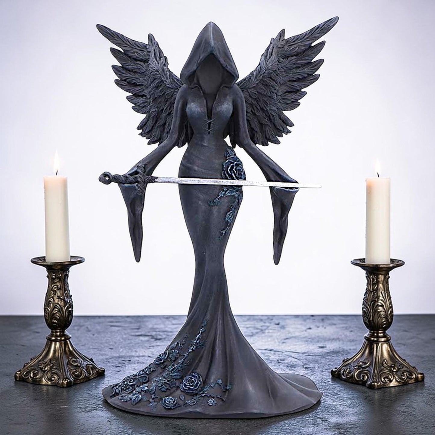 Femme Fatale Warrior Angel Statue Gothic Dark Feminine Hooded Winged Ornament Fantasy Decor
