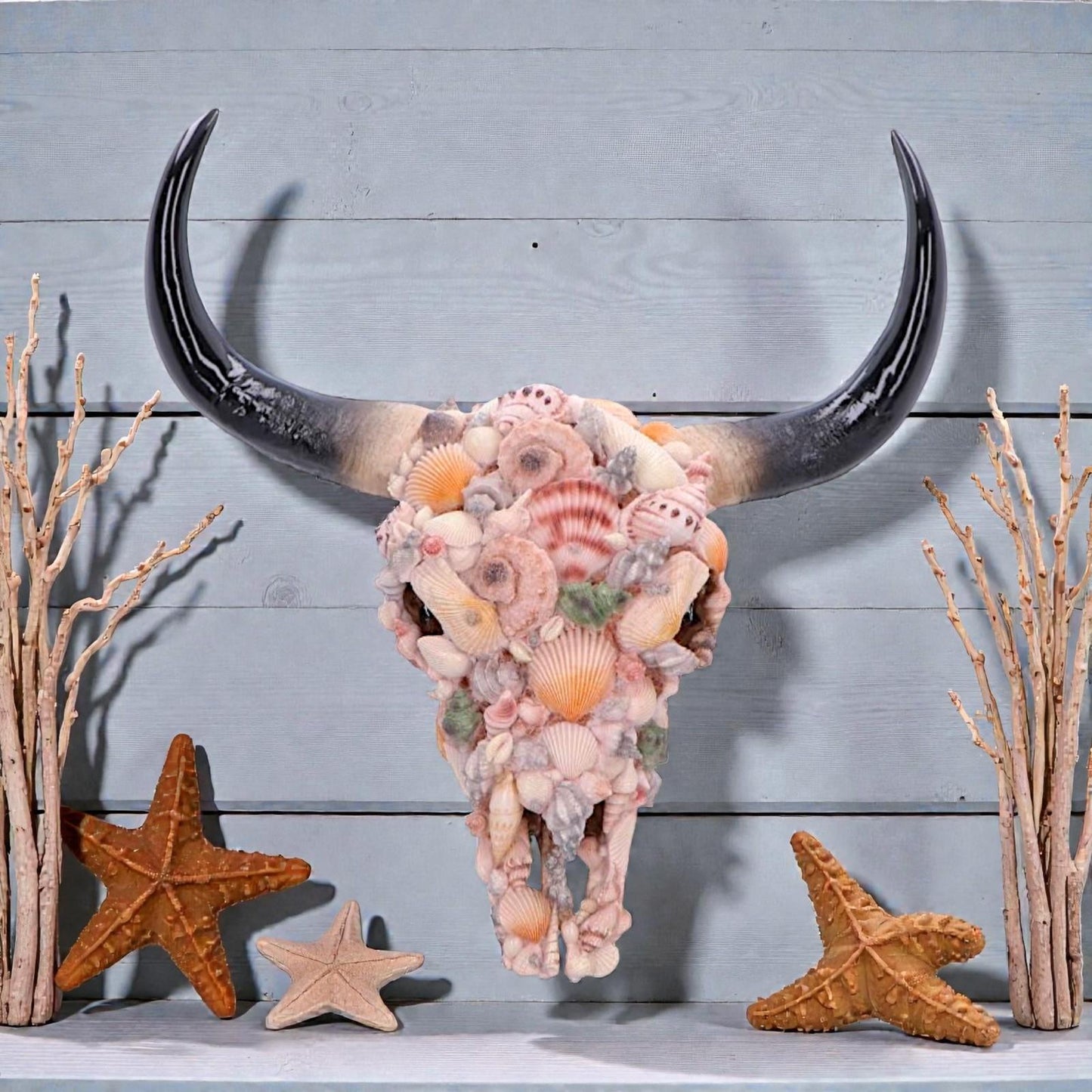 Seashell Bison Skull Ornament Coastal Gothic Decor Ocean Inspired Sculpture Art