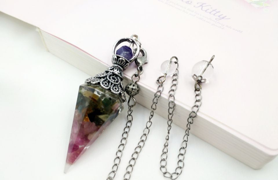 Gravel Resin Vintage Silver Amethyst Top Pendulum Pendant