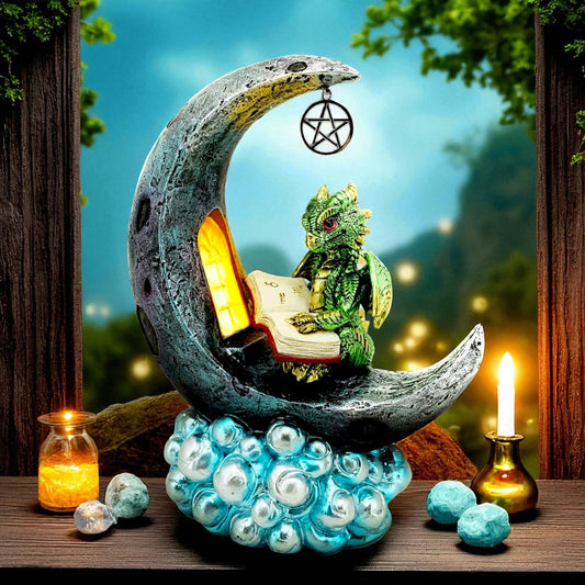 Mystical Green Dragon on Crescent Moon – LED Figurine Gothic Fantasy Decor