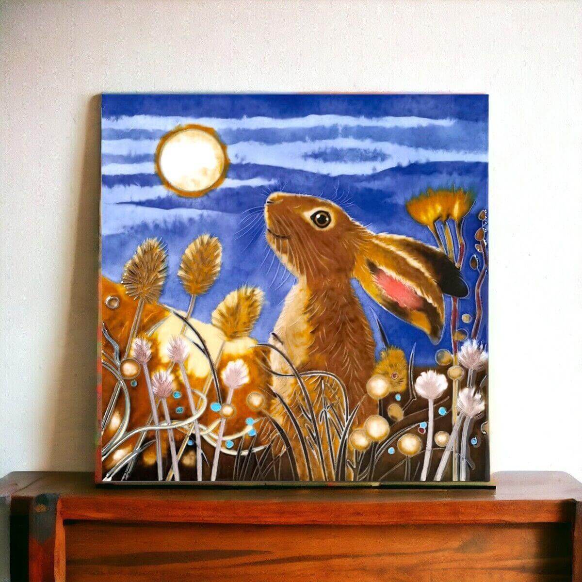 Enchanting Misty Moon Hare Ceramic Tile by Judith Yates Whimsical Wildlife Art-Osiris Craftworks