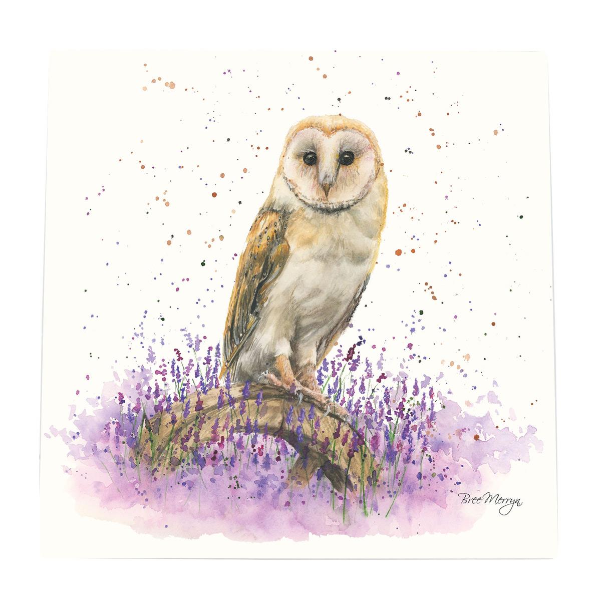 OLIVIA Owl Ceramic Art Tile by Bree Merryn – 20x20 cm Ready to Hang – Nature-Inspired Decor with Lavender Theme