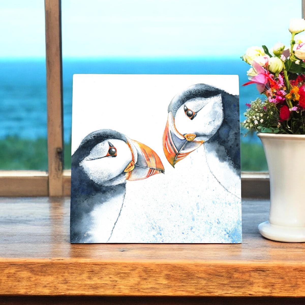 Puffins Ceramic Art Tile by Val Goldfinch 20x20 cm | Wall Art Decor | Ready to Hang | Unique Gift in Box