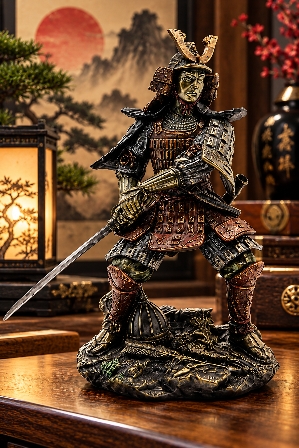 Samurai Warrior Figurine Japanese Soldier Statue Bronze Effect Oriental Decor